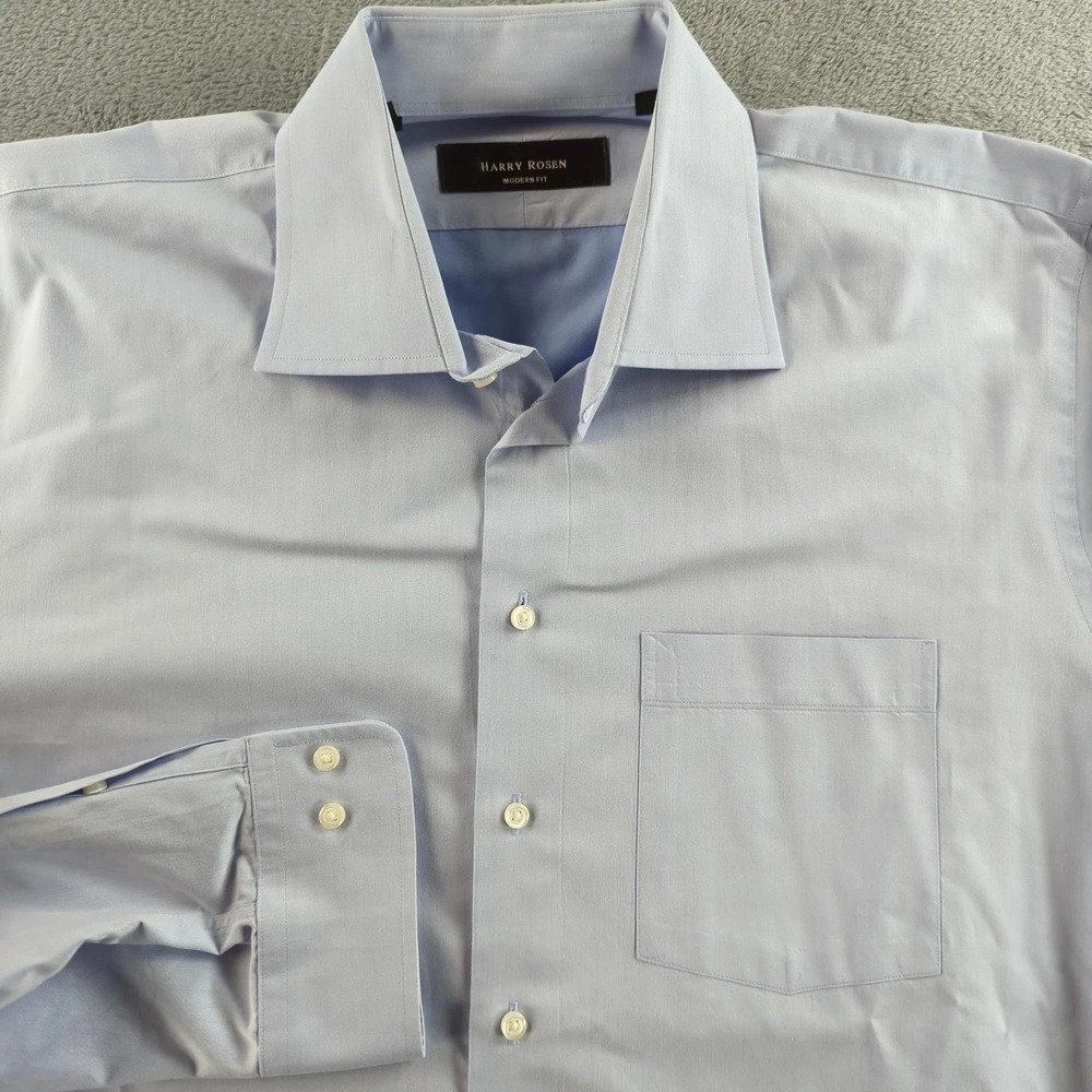 Harry Rosen Shirt Mens 17 Blue Regular Fit Solid Dress Button Up Long‎ Sleeve